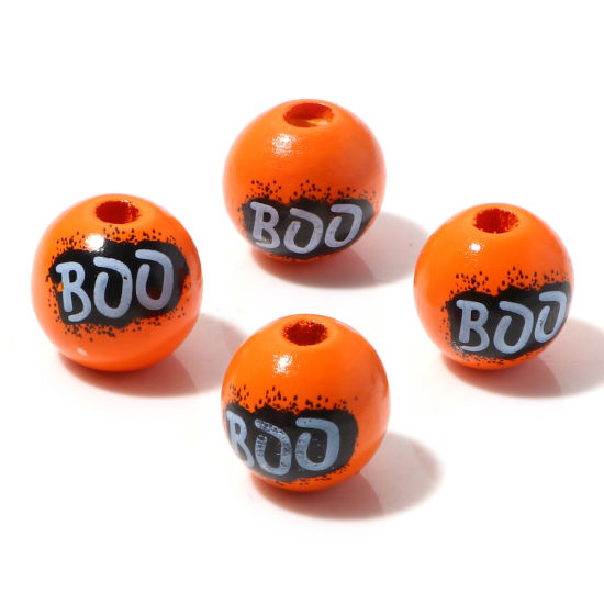 Picture of Wood Halloween Spacer Beads Round Orange Message " Boo " About 16mm Dia., Hole: Approx 3.8mm, 20 PCs