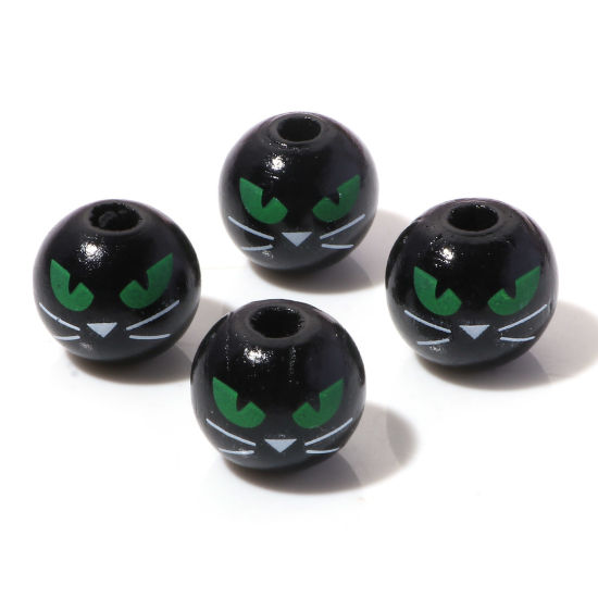 Picture of Wood Halloween Spacer Beads Round Black Cat About 16mm Dia., Hole: Approx 3.8mm, 20 PCs