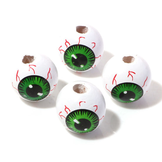 Picture of Wood Halloween Spacer Beads Round White Eye About 16mm Dia., Hole: Approx 3.8mm, 20 PCs
