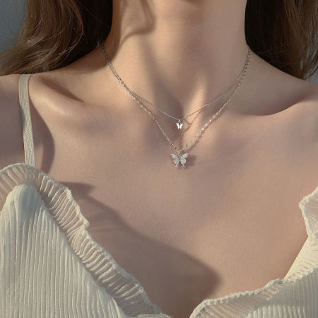 Titanium Steel Insect Curb Link Chain Multilayer Layered Necklace Silver Tone Butterfly Animal 1 Piece