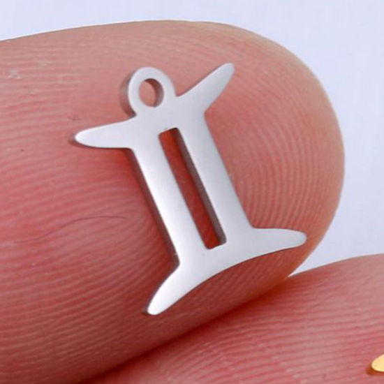 Picture of 201 Stainless Steel Charms Silver Tone Gemini Sign Of Zodiac Constellations Polished 9.5mm x 9.5mm, 5 PCs