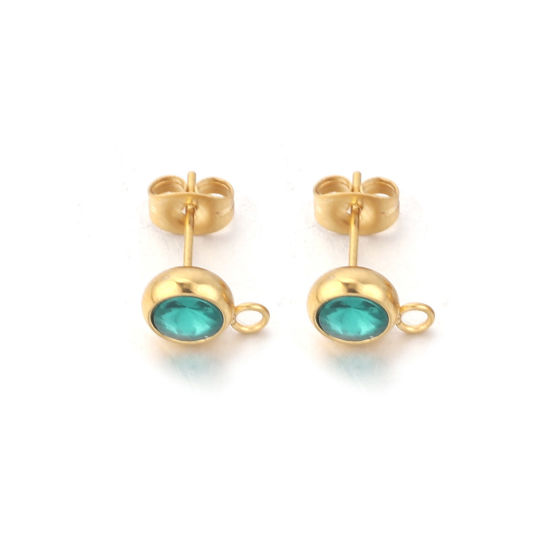 Picture of 2 PCs Stainless Steel Ear Post Stud Earrings Round 18K Gold Plated Green Rhinestone With Loop 12mm x 9mm