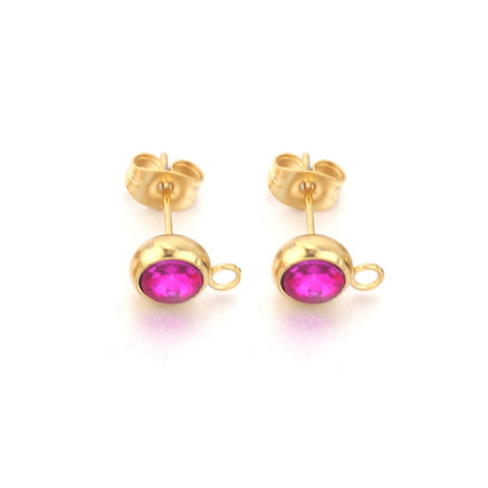 Picture of 2 PCs Stainless Steel Ear Post Stud Earrings Round 18K Gold Plated Fuchsia Rhinestone With Loop 12mm x 9mm