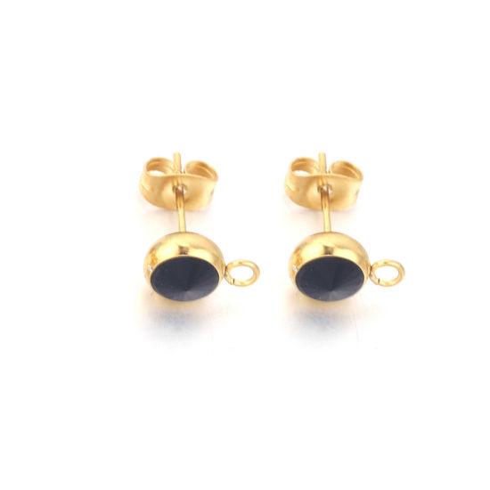 Picture of 2 PCs Stainless Steel Ear Post Stud Earrings Round 18K Gold Plated Black Rhinestone With Loop 12mm x 9mm