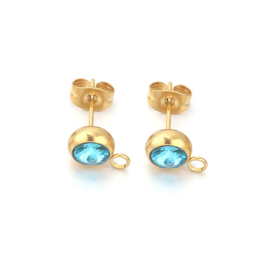 Picture of 2 PCs Stainless Steel Ear Post Stud Earrings Round 18K Gold Plated Skyblue Rhinestone With Loop 12mm x 9mm