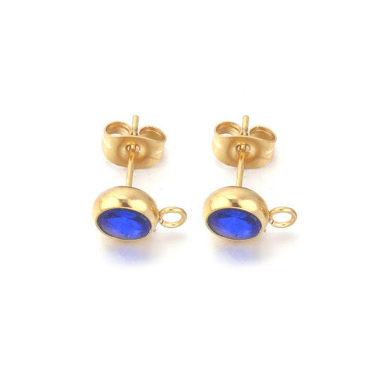 Picture of 2 PCs Stainless Steel Ear Post Stud Earrings Round 18K Gold Plated Royal Blue Rhinestone With Loop 12mm x 9mm