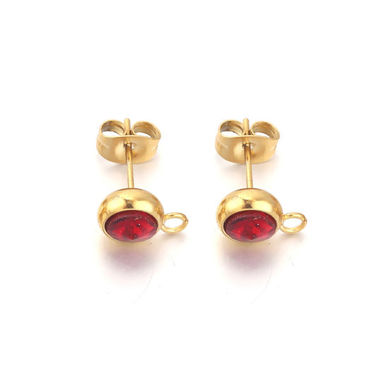 Picture of 2 PCs Stainless Steel Ear Post Stud Earrings Round 18K Gold Plated Dark Red Rhinestone With Loop 12mm x 9mm