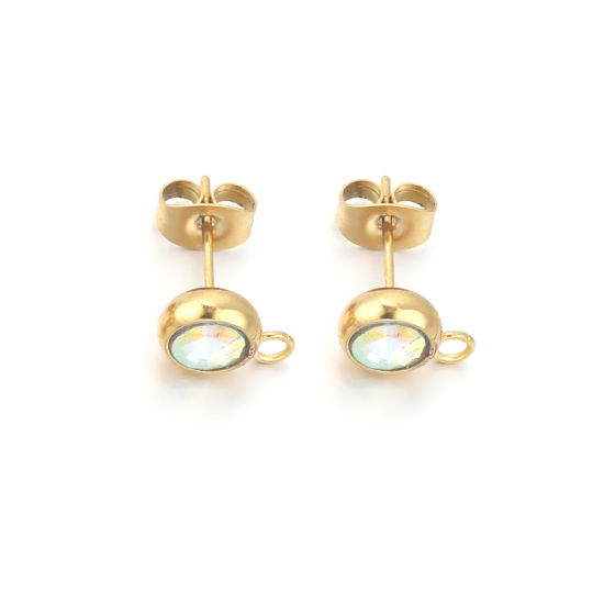 Picture of 2 PCs Stainless Steel Ear Post Stud Earrings Round 18K Gold Plated Multicolor Rhinestone With Loop 12mm x 9mm