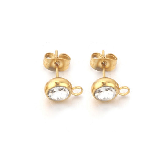 Picture of 2 PCs Stainless Steel Ear Post Stud Earrings Round 18K Gold Plated Clear Rhinestone With Loop 12mm x 9mm