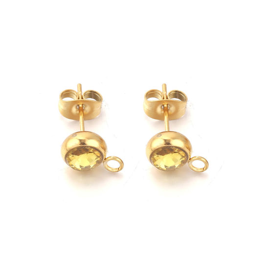 Picture of 2 PCs Stainless Steel Ear Post Stud Earrings Round 18K Gold Plated Yellow Rhinestone With Loop 12mm x 9mm