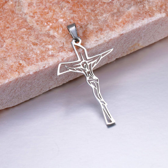 Picture of 304 Stainless Steel Religious Pendants Silver Tone Cross Jesus Hollow 4.6cm x 2.6cm, 1 Piece
