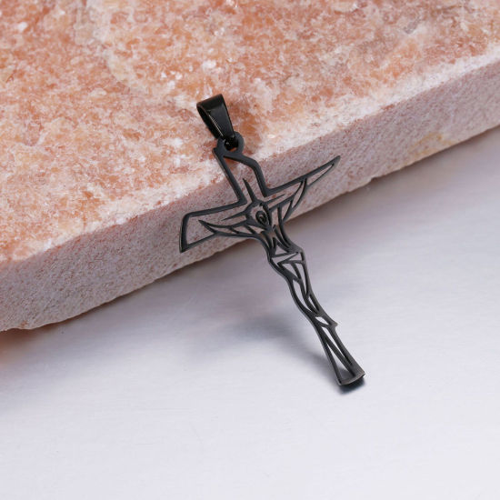 Picture of 304 Stainless Steel Religious Pendants Black Cross Jesus Hollow 4.6cm x 2.6cm, 1 Piece