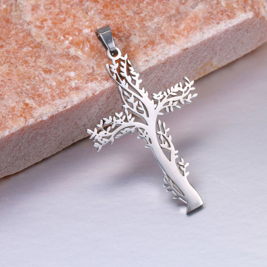 Picture of 304 Stainless Steel Religious Pendants Silver Tone Cross Tree of Life Hollow 4.6cm x 2.6cm, 1 Piece