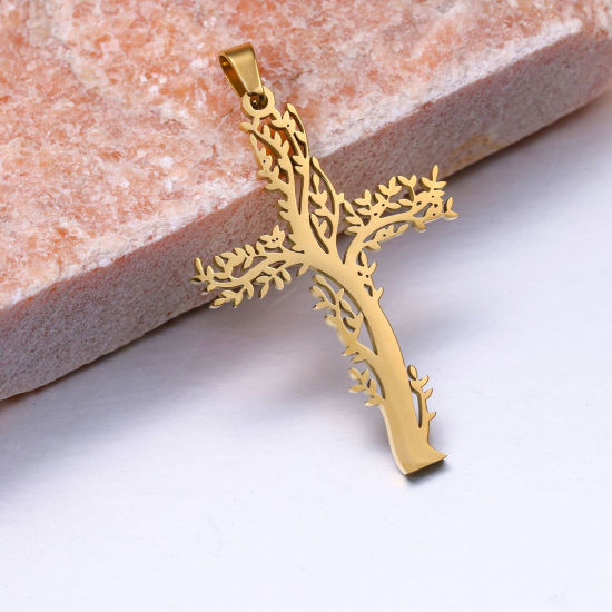 Picture of 304 Stainless Steel Religious Pendants Gold Plated Cross Tree of Life Hollow 4.6cm x 2.6cm, 1 Piece