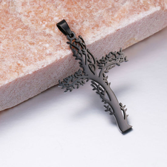 Picture of 304 Stainless Steel Religious Pendants Black Cross Tree of Life Hollow 4.6cm x 2.6cm, 1 Piece