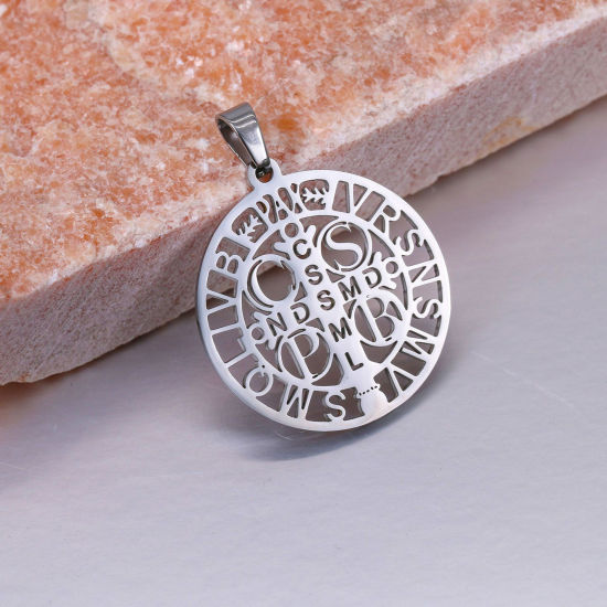 Picture of 304 Stainless Steel Religious Pendants Silver Tone Round Cross Hollow 4cm x 3cm, 1 Piece