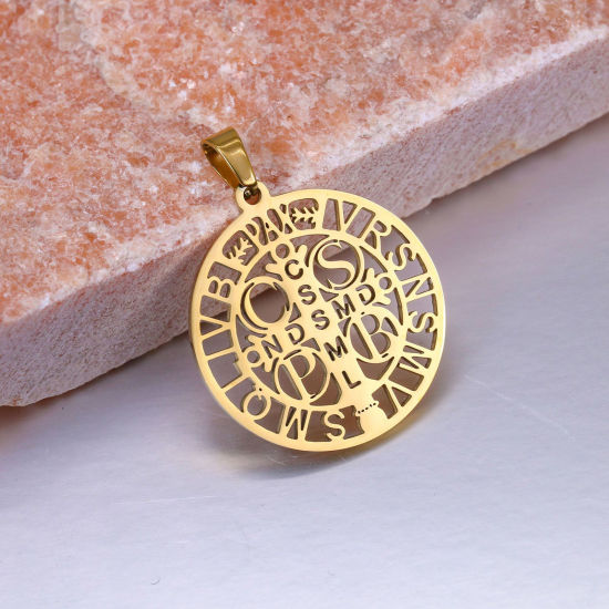 Picture of 304 Stainless Steel Religious Pendants Gold Plated Round Cross Hollow 4cm x 3cm, 1 Piece
