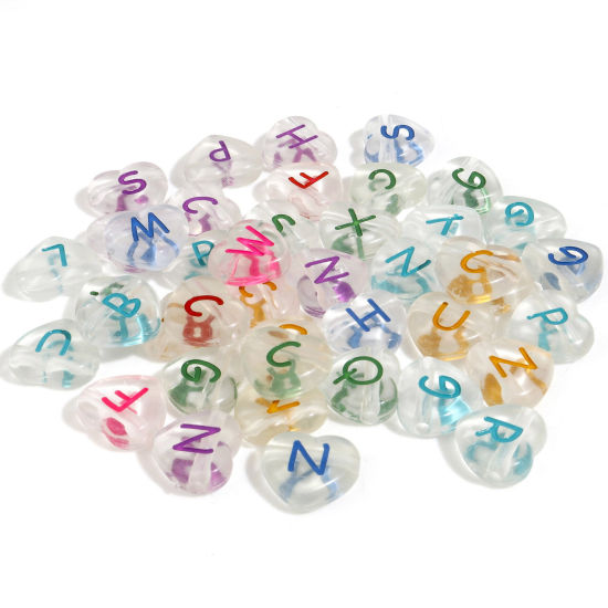 Picture of Acrylic Beads Heart At Random Color Mixed Initial Alphabet/ Capital Letter Pattern Message " A-Z " About 12mm x 11mm, Hole: Approx 1.7mm, 200 PCs