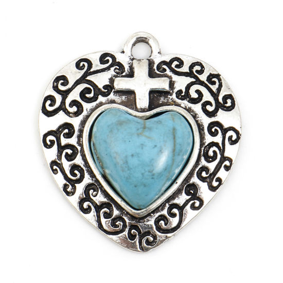 Immagine di Lega di Zinco Stile Bohemien Charms Cuore Argento Antico Croce Turchese Imitato 26mm x 24mm , 10 Pz