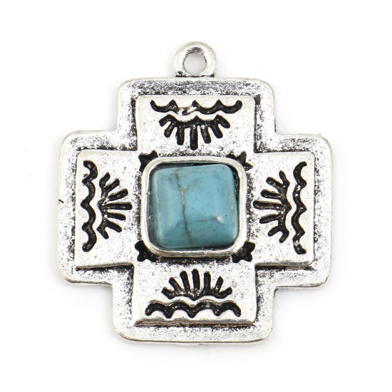 Immagine di Lega di Zinco Stile Bohemien Charms Croce Argento Antico Onda Turchese Imitato 25mm x 22mm , 10 Pz