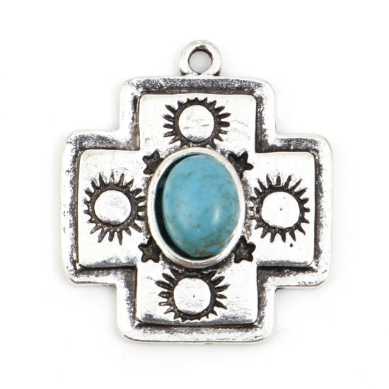 Immagine di Lega di Zinco Stile Bohemien Charms Croce Argento Antico Sole Turchese Imitato 25mm x 22mm , 10 Pz