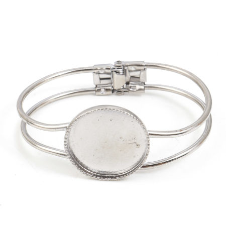 Zinc Based Alloy Cabochon Settings Bangles Bracelets Findings Round Silver Tone (Fits 25mm Dia.) 19cm(7 4/8") long, 1 Piece