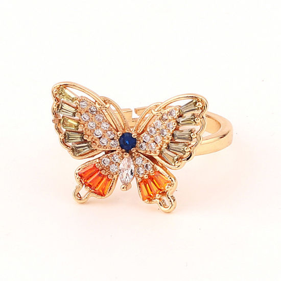 Picture of Brass Insect Open Adjustable Rings Butterfly Animal Gold Plated Micro Pave Multicolor Rhinestone 1 Piece                                                                                                                                                      