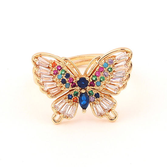Picture of Brass Insect Open Adjustable Rings Butterfly Animal Gold Plated Micro Pave Multicolor Rhinestone 1 Piece                                                                                                                                                      