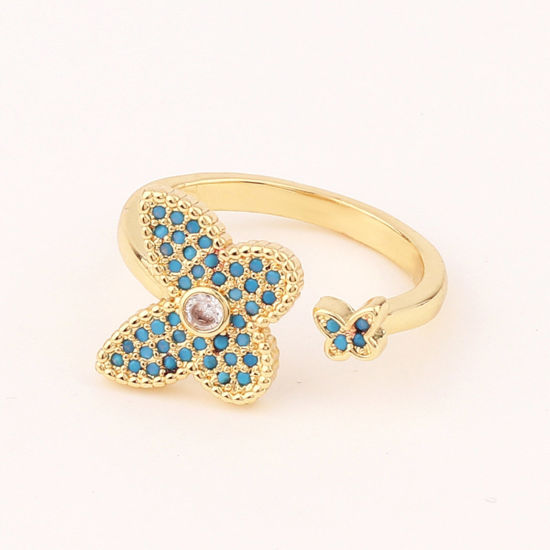 Picture of Brass Insect Open Adjustable Rings Butterfly Animal Gold Plated Micro Pave Blue Rhinestone Clear Cubic Zirconia 16mm(US size 5.25), 1 Piece                                                                                                                   
