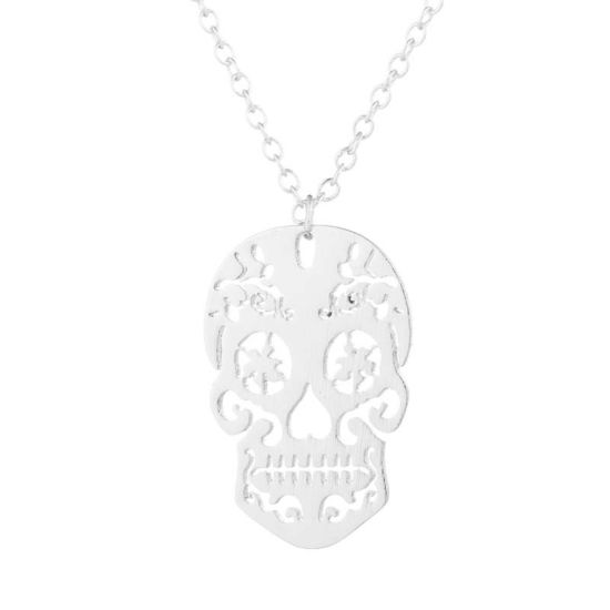 Image de Colliers Chaîne Maille Forçat en Acier Inoxydable Halloween Argent Mat Tête de Mort Fleurs Creuses Creux 45cm Long, 1 Pièce