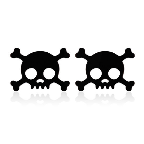 Picture of Stainless Steel Halloween Ear Post Stud Earrings Black Skull Hollow 14mm x 10mm, Post/ Wire Size: (18 gauge), 1 Pair