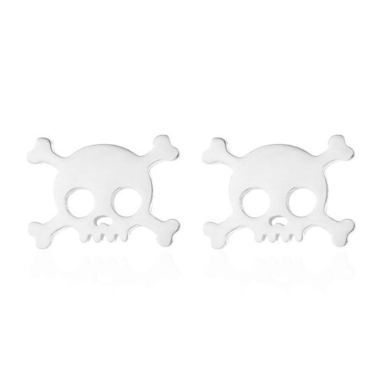 Picture of Stainless Steel Halloween Ear Post Stud Earrings Silver Tone Skull Hollow 14mm x 10mm, Post/ Wire Size: (18 gauge), 1 Pair