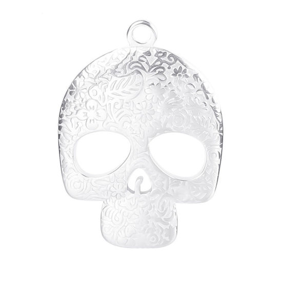 Imagen de Acero Inoxidable Halloween Colgantes Charms Cráneo Tono de Plata Tallado Hueco 3cm x 2.2cm, 2 Unidades