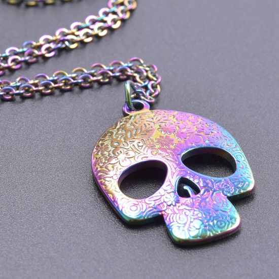 Imagen de 1 Unidad Recubrimiento al Vacío PVD Ecológico Acero Inoxidable Halloween Cable Cadena Cruz Collares Multicolor Cráneo Tallado Hueco 50cm longitud