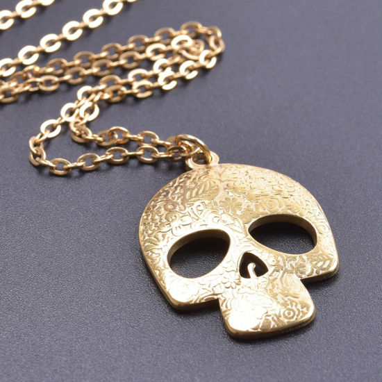 Imagen de 1 Unidad Recubrimiento al Vacío PVD Ecológico Acero Inoxidable Halloween Cable Cadena Cruz Collares Chapado en Oro Cráneo Tallado Hueco 50cm longitud