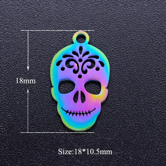 Изображение Нержавеющая Сталь Хэллоуин Хэллоуин Подвески Череп Разноцветный резной Узор ажурная резьба 18мм x 10.5мм, 3 ШТ