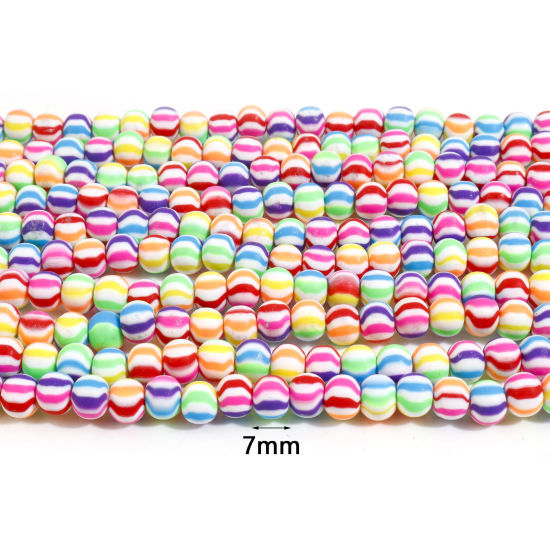 Bild von Polymer Ton Perlen Rund Bunt, mit Streifen Muster, 7mm D., Loch: 1.8mm, 40cm lang/Strang, 68 Stk./Strang, 2 Stränge