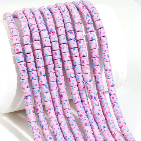 Image de Perles en Pâte Polymère Colonne Rose Fleurs 6mm x 6mm, Taille de Trou: 1.2mm, 40cm long, 2 Enfilades (Env. 65 PCs/Enfilade)
