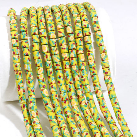 Image de Perles en Pâte Polymère Colonne Jaune Fleurs 6mm x 6mm, Taille de Trou: 1.2mm, 40cm long, 2 Enfilades (Env. 65 PCs/Enfilade)