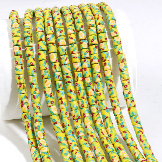 Image de Perles en Pâte Polymère Colonne Jaune Fleurs 6mm x 6mm, Taille de Trou: 1.2mm, 40cm long, 2 Enfilades (Env. 65 PCs/Enfilade)