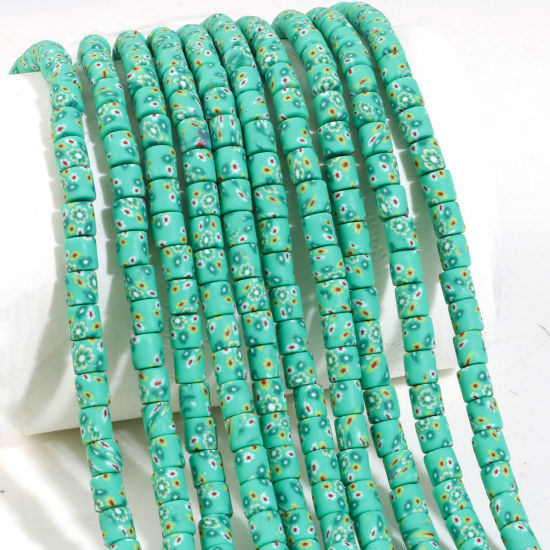 Image de Perles en Pâte Polymère Colonne Vert Fleurs 6mm x 6mm, Taille de Trou: 1.2mm, 40cm long, 2 Enfilades (Env. 65 PCs/Enfilade)