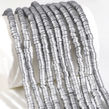 Image de Perles Heishi Katsuki en Pâte Polymère Rond Argent 6mm Dia, Taille de Trou: 2mm, 39.5cm long, 2 Enfilades (Env. 330 PCs/Enfilade)