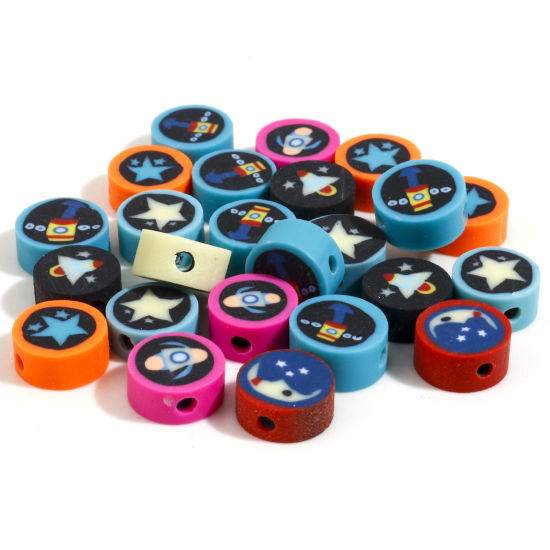 Image de Perles Galaxie en Pâte Polymère Plat-Rond Couleur au Hasard 10mm Dia, Taille de Trou: 2mm, 100 Pcs