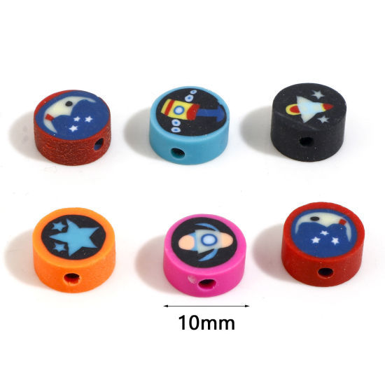 Image de Perles Galaxie en Pâte Polymère Plat-Rond Couleur au Hasard 10mm Dia, Taille de Trou: 2mm, 100 Pcs