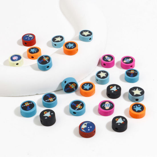 Image de Perles Galaxie en Pâte Polymère Plat-Rond Couleur au Hasard 10mm Dia, Taille de Trou: 2mm, 100 Pcs