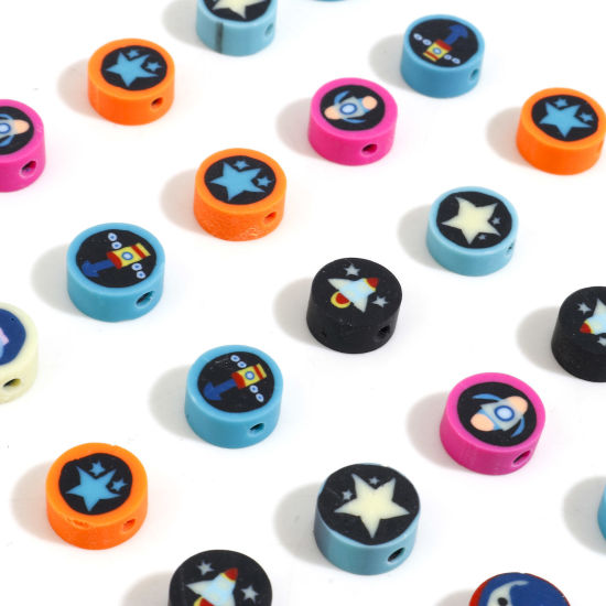 Image de Perles Galaxie en Pâte Polymère Plat-Rond Couleur au Hasard 10mm Dia, Taille de Trou: 2mm, 100 Pcs
