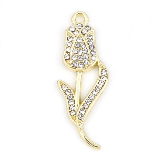 Imagen de Zamak día de San Valentín Colgantes Chapado en Oro Flor de Tulipán Transparente Rhinestone Micro Pave 3.3cm x 1.2cm, 5 Unidades