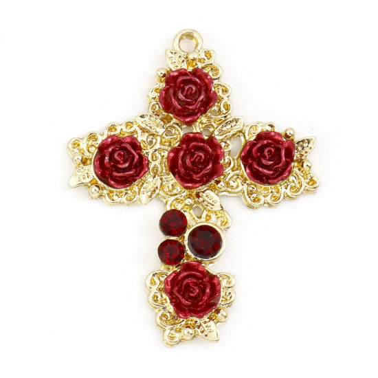 Image de Pendentifs La Saint Valentin en Alliage de Zinc Croix Doré Rose à Strass Rouge Laqué 3.7cm x 2.9cm, 5 Pcs