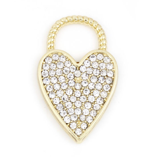 Picture of Zinc Based Alloy Valentine's Day Charms Gold Plated Heart Clear Rhinestone 23mm x 15mm, 5 PCs