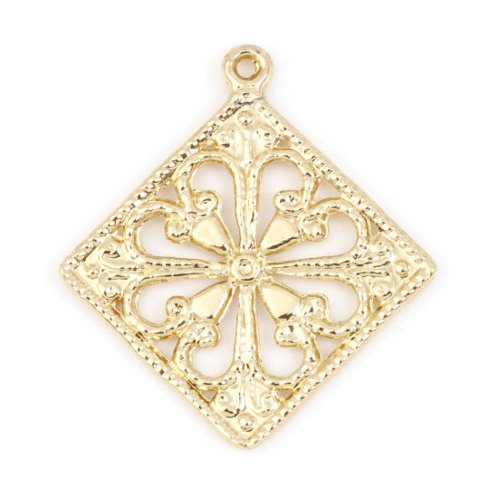 Picture of Zinc Based Alloy Style Of Royal Court Character Pendants Gold Plated Rhombus Flower Hollow 3.1cm x 2.8cm, 10 PCs